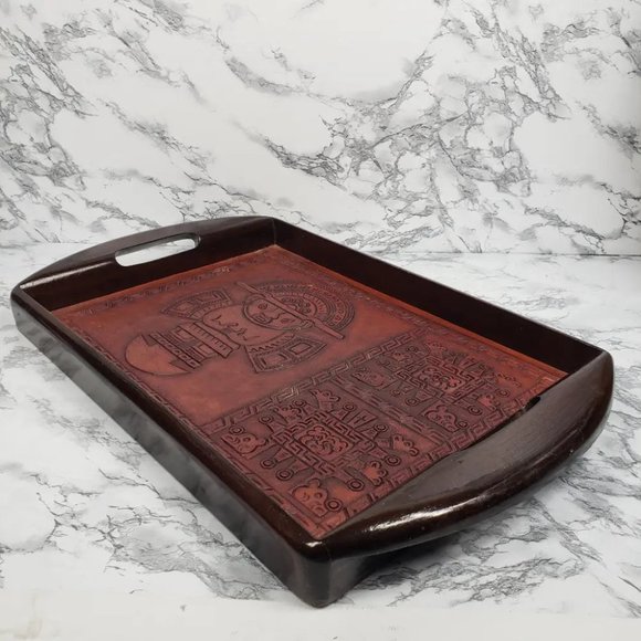 Handmade Wood Embossed Leather Mayan Serving Tray Vintage - Picture 3 of 10